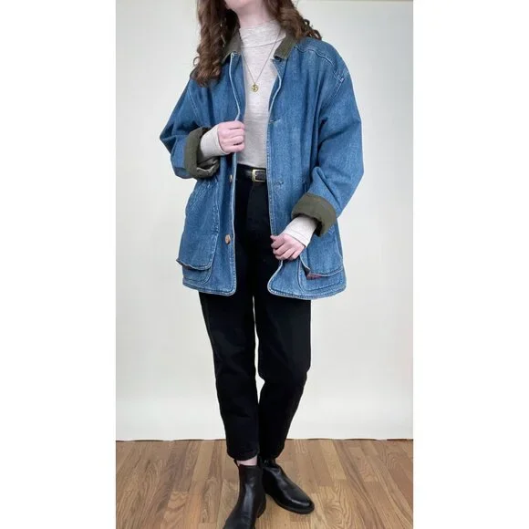 Vintage Denim Barn Coat Field Farm Utility Jean Jacket Oversized Plaid Americana - Picture 6 of 10